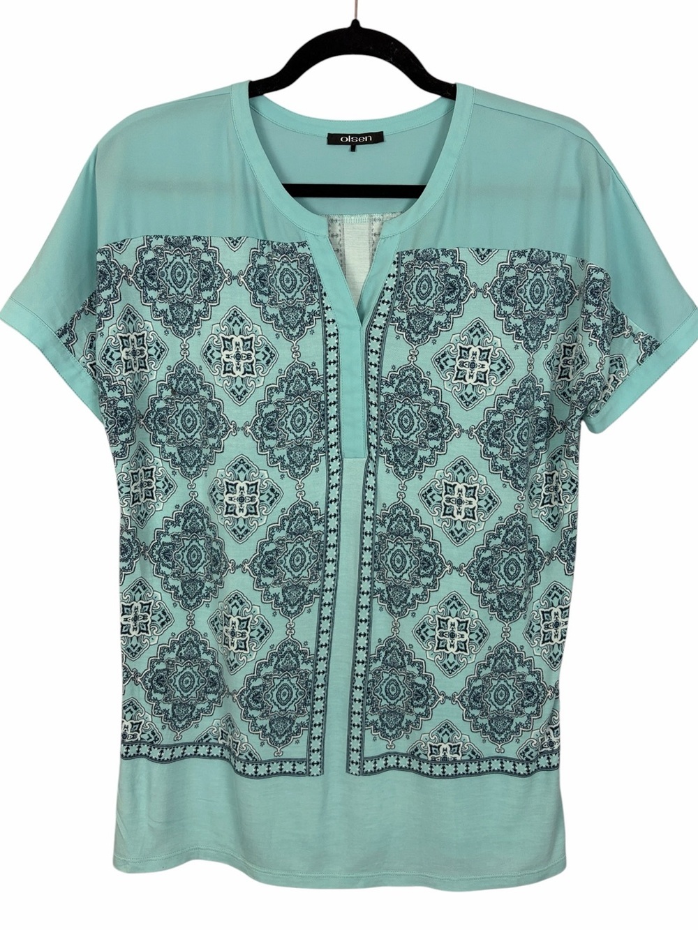 Olsen Aqua Medallion Print V-Neck Blouse Size S/M 100% Viscose